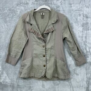 XCVI  100% Linen Blazer Size L Olive 3/4 Sleeve Snap Button Ruffle Detail Y2K